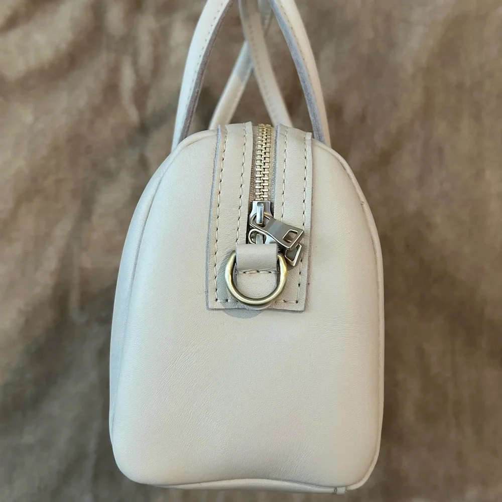 Cream Leather Satchel Bag with Detachable Strap